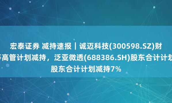 宏泰证券 减持速报｜诚迈科技(300598.SZ)财务总监等高管计划减持，泛亚微透(688386.SH)股东合计计划减持7%